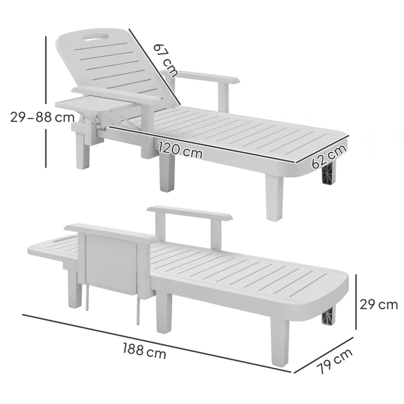 Best Set of 2 Resin Reclining Sun Loungers for Garden, 5 Positions Adjustable Outdoor Chaise Lounge Chairs with Wood Texture Surface, Armrests, Foldable Side Table for Garden, Beach, White - Image 3