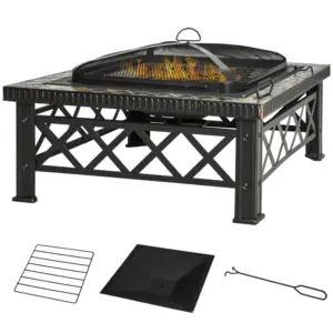 Best Large Outdoor Fire Pit Table, 3 in 1 Square Wood Burning Firepit Metal Brazier, BBQ Grill, Ice Bucket w/ Grill Grate, Log Grate, Lid, Poker for Garden, Camping, Bonfire, 76 x 76 x 47cm, Black