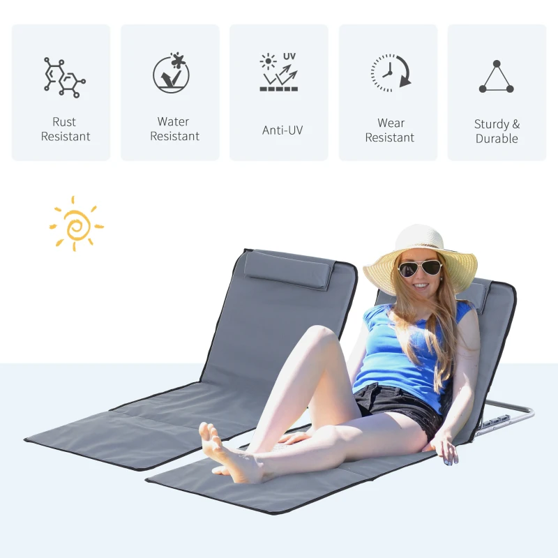 Best Set of 2 Foldable Garden Beach Chair Mat Lightweight Outdoor Sun Lounger Seats Adjustable Back Metal Frame PE Fabric Head Pillow w/ Carry Bag,Grey - Image 4