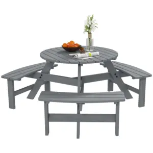 Best 6 Seater Wooden Picnic Table and Garden Benches Set, Round Garden Dining Set with 3 Benches and Umbrella Hole Outdoor Garden Park, Grey
