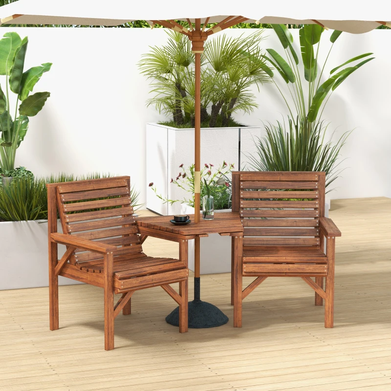 Best Wooden Garden Love Seat w/ Coffee Table Umbrella Hole, Tan Brown - Image 2
