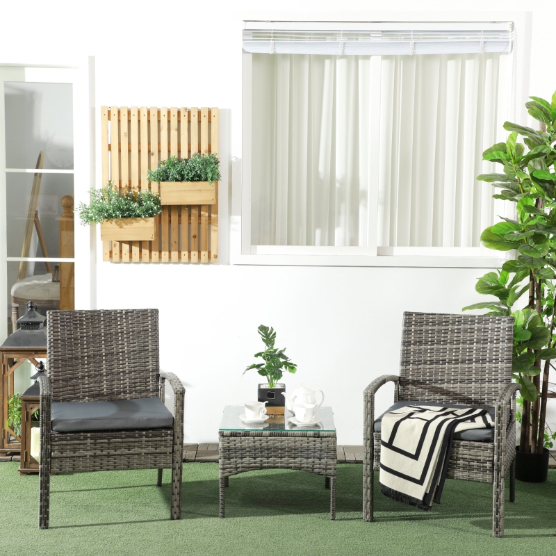 Best 3 Pieces Rattan Bistro Set, Wicker Garden Furniture Set with Glass Top Coffee Table and Chairs, Washable Cushions for Outdoor, Patio, Balcony, Mixed Grey - Image 10