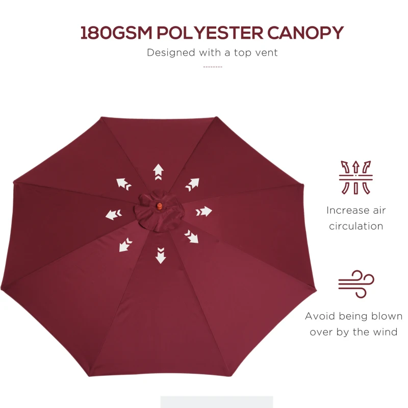 Best 3(m) Garden Parasol, Pulley Operated Patio Umbrella, Wooden Table Market Umbrella with Rope Pulley Mechanism and 8 Ribs, Wine Red - Image 5