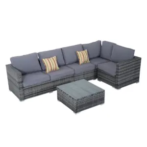 Best 4 Pieces Rattan Garden Furniture Set, Wicker Outdoor Furniture Set with Corner Sofa Loveseat Coffee Table Cushions, Conservatory Furniture Set for Patio Balcony Poolside, Grey