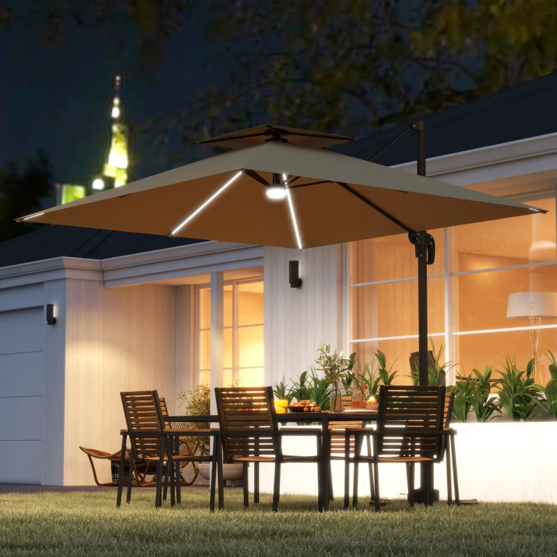 Best 2.5m Cantilever Parasol with Solar Powered LED Lights, 360° Rotation, Tilt Adjustment, Crank Handle, Khaki - Image 2