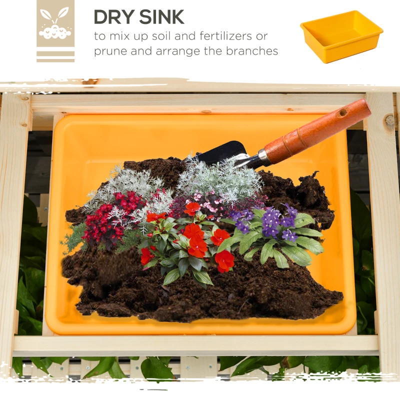 Best Garden Potting Bench w/ Sliding Tabletop, Wooden Workstation w/ Dry Sink, Outdoor Workbench Potting Table w/ Storage Shelf & Hooks, Natural - Image 6