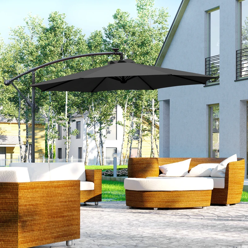 Best 3m LED Patio Banana Umbrella Cantilever Parasol w/ Crank Cross Base Hanging Offset Umbrella Frame Steel Aluminium Garden Table Outdoor Black - Image 2