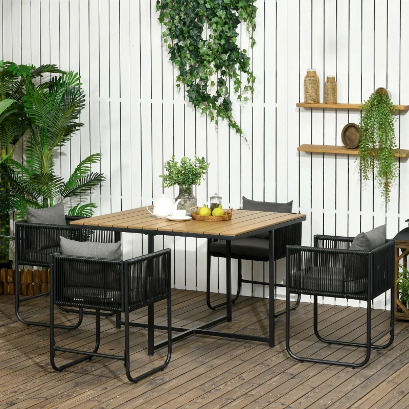 Best 4 Seater Rattan Cube Garden Furniture Set, Rattan Dining Set with Cushions, Outdoor Dining Table and Chairs with Rectangular Wood Grain Plastic Top Table for Patio, Balcony, Black - Image 2