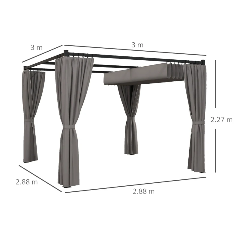 Best 3 x 3m Moving Canopy Metal Pergola, with Curtains - Grey - Image 3