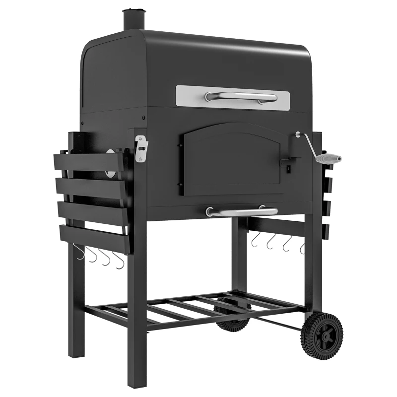 Best Charcoal Barbecue Grill Trolley Garden Smoker with Shelves, Adjustable Height, Thermometer on Lid, Opener and Wheels