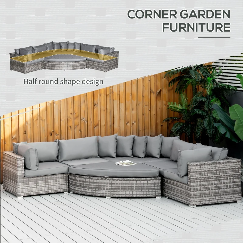 Best 6 Pieces Outdoor PE Rattan Wicker Sofa Set with 10cm Thick Padded Cushionsand Half Round Patio Conversation Furniture Set with Angled Corner Designand Ottomansand and Back Pillows, Grey - Image 7