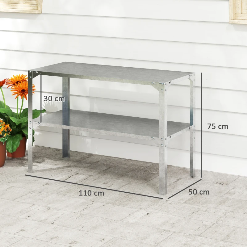 Best 2 Tier Potting Bench Table, Galvanised Steel Garden Planting Work Bench Workstation with Storage Shelf for Outdoor, Patio, Greenhouse, 110 x 50 x 75 cm, Silver Tone - Image 3