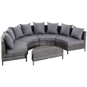 Best 5 Pieces Rattan Garden Furniture Set, 4 Seater Half-Round Garden Sofa Set with Thickened Cushions, Wicker Conservatory Furniture with 4 Chairs, Rattan Coffee Table and Pillows, Grey