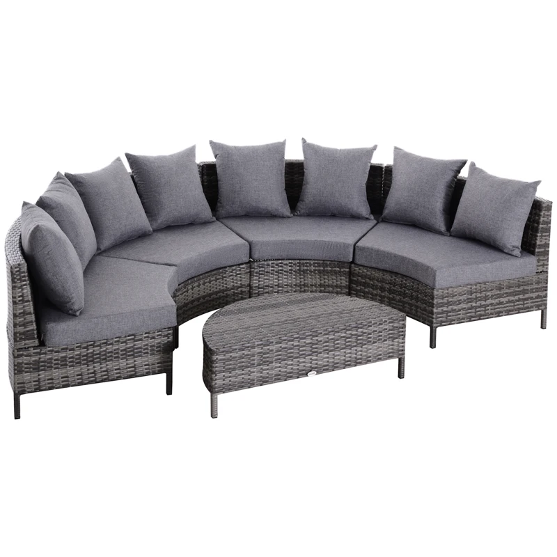 Best 5 Pieces Rattan Garden Furniture Set, 4 Seater Half-Round Garden Sofa Set with Thickened Cushions, Wicker Conservatory Furniture with 4 Chairs, Rattan Coffee Table and Pillows, Grey