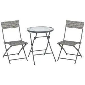 Best 3 Pieces Rattan Bistro Set, Wicker Folding Garden Furniture Set with Glass Top Coffee Table and Chairs for Outdoor, Patio, Balcony, Grey