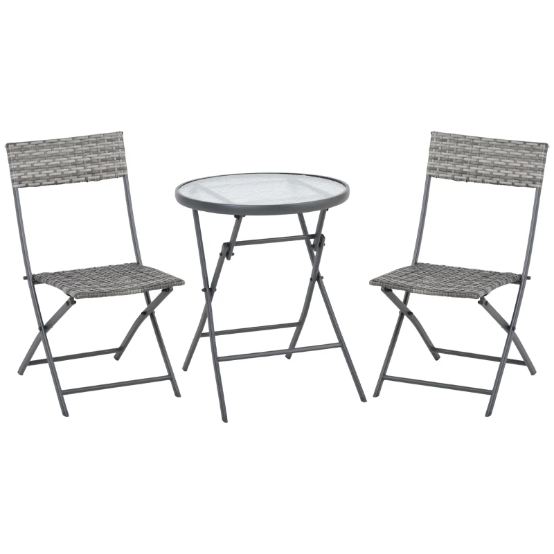 Best 3 Pieces Rattan Bistro Set, Wicker Folding Garden Furniture Set with Glass Top Coffee Table and Chairs for Outdoor, Patio, Balcony, Grey