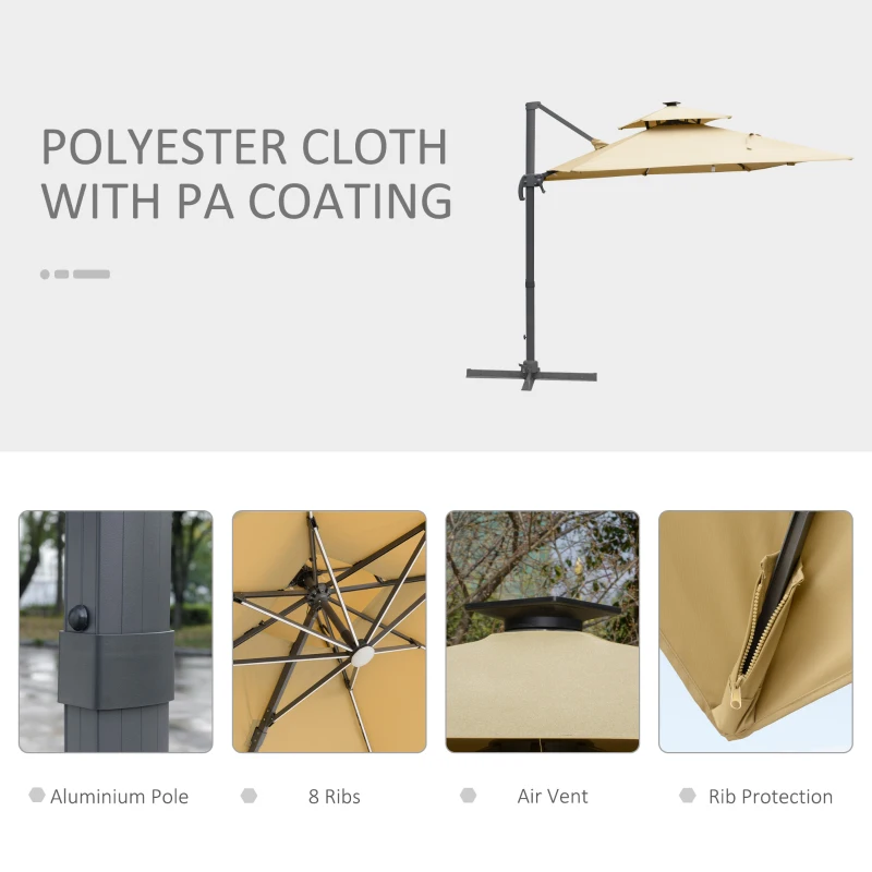 Best 3m Cantilever Parasol, Outdoor Offset Patio Umbrella, Solar LED Lighted Hanging Sun Shade Canopy with Tilt and Crank Handle, Cross Base for Lawn, Khaki - Image 6