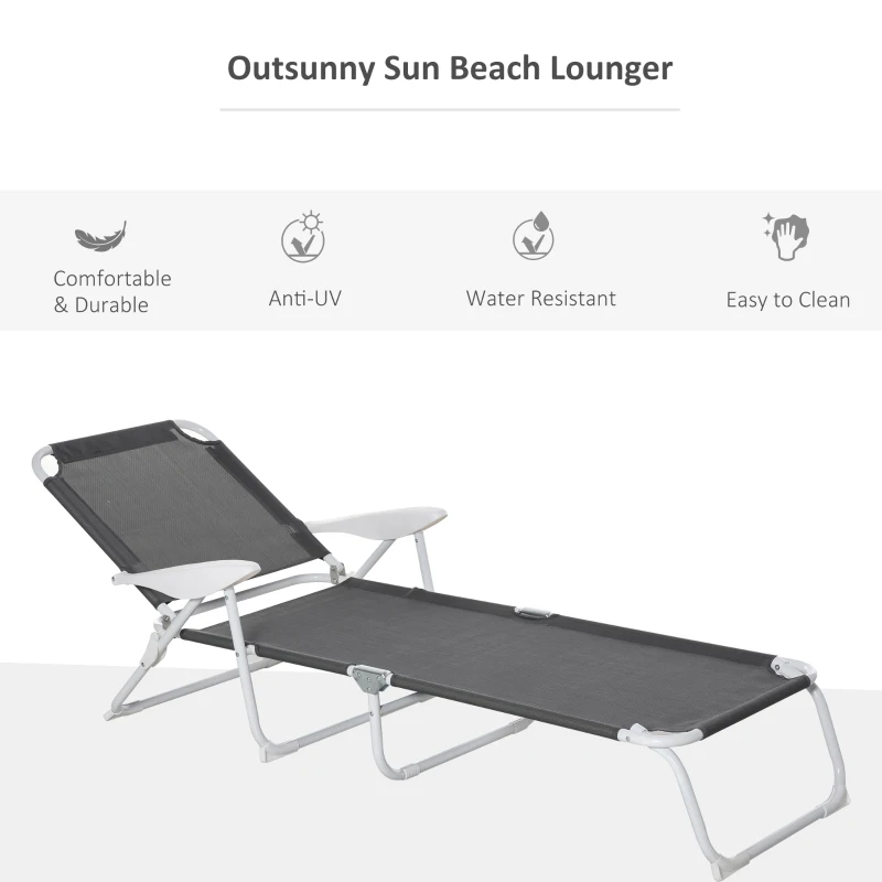 Best Foldable Sun Lounger, Outdoor 4 Level Adjustable Backrest Reclining Lounge Chair with Armrests for Patio, Garden, Dark Grey - Image 4
