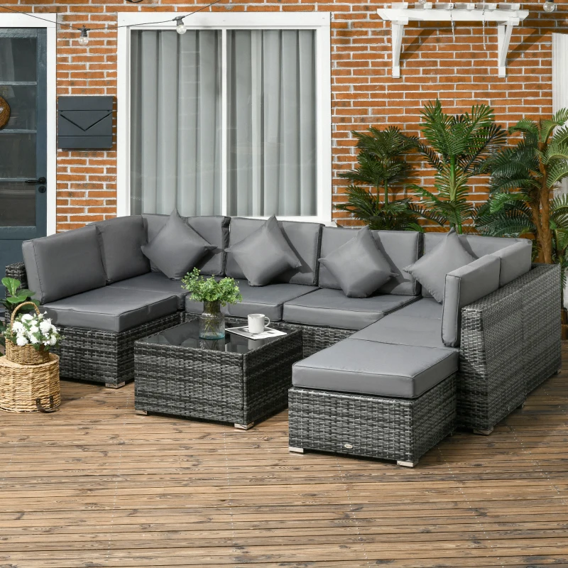 Best 8 Pieces PE Rattan Corner Sofa Set, Outdoor Garden Furniture Set, Patio Wicker Sofa Seater w/ Cushion, Washable Cushion Cover & Tempered Glass Table, Grey - Image 2
