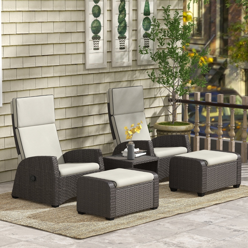 Best 5-Piece Rattan Patio Reclining Chair Set with Footstools, Coffee Table, Cushions, for Outdoor Garden, Brown - Image 10