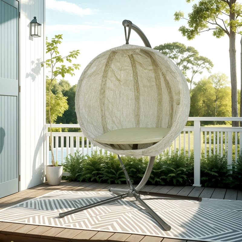 Best Hanging Egg Chair Outdoor Indoor Garden Swing Chair with Folding Basket, Garden Hanging Chair with Stand, Thickened Cushion, Cup Holder for Patio, Balcony, Khaki - Image 9