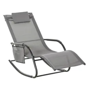 Best Outdoor Garden Rocking Chair, Patio Sun Lounger Rocker Chair with Breathable Mesh Fabric, Removable Headrest Pillow, Armrest, Side Storage Bag, Grey