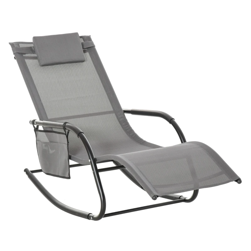 Best Outdoor Garden Rocking Chair, Patio Sun Lounger Rocker Chair with Breathable Mesh Fabric, Removable Headrest Pillow, Armrest, Side Storage Bag, Grey