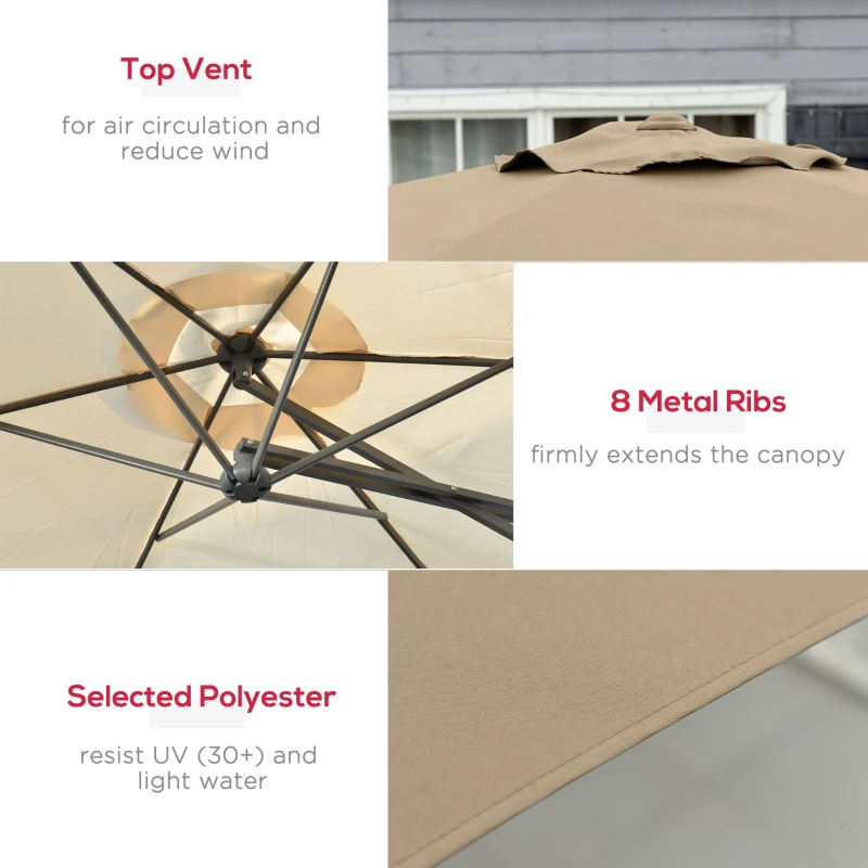 Best 3m Cantilever Parasol with Easy Lever, Patio Umbrella with Crank Handle, Cross Base and 6 Metal Ribs, Outdoor Sun Shades for Garden, White - Image 5