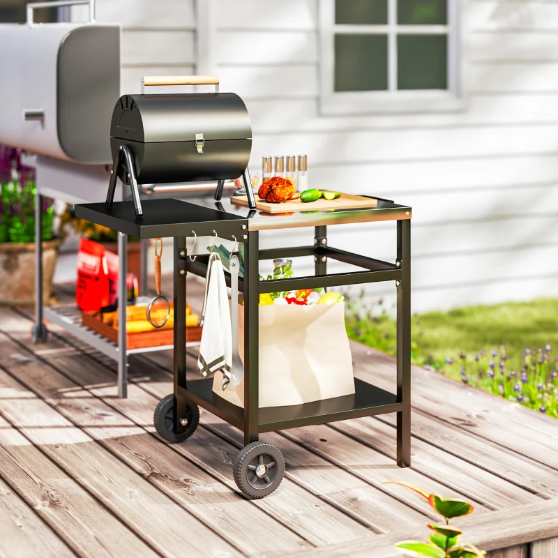 Best BBQ Trolley with Stainless Steel Top and Foldable Side Table, Outdoor Kitchen BBQ Station with Hooks and Shelf, Pizza Oven Table Movable Outdoor Grill Dining Cart with Cover, Black - Image 8