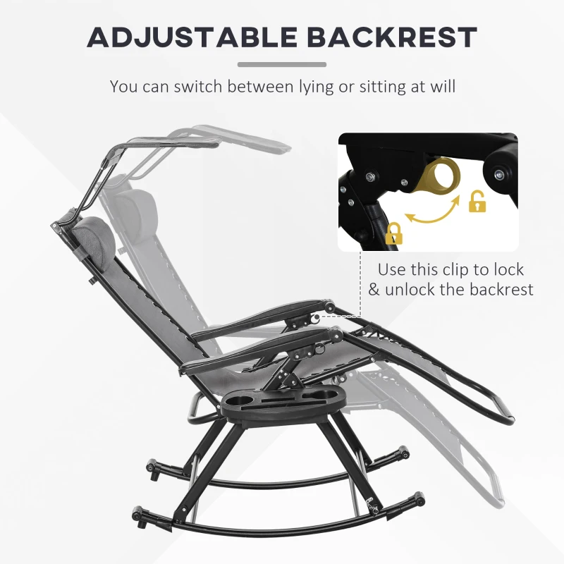 Best Garden Rocking Chair Folding Recliner Outdoor Adjustable Sun Lounger Rocker Zero-Gravity Seat with Headrest Side Holder Patio Deck - Grey - Image 7
