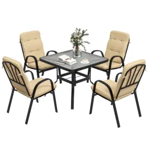 Best 5 Pieces Outdoor Square Garden Dining Set w/ Tempered Glass Dining Table 4 Cushioned Armchairs, Umbrella Hole, Beige
