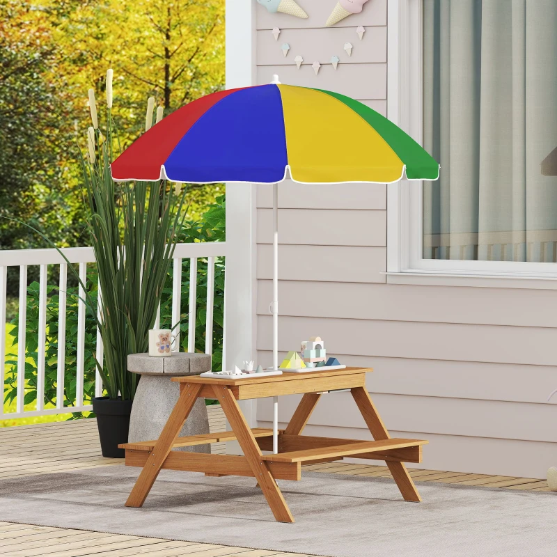 AIYAPLAY Kids Picnic Table, Sand and Water Table with Wooden Benches, Adjustable Parasol and Storage Bins, Multicolour - Image 7