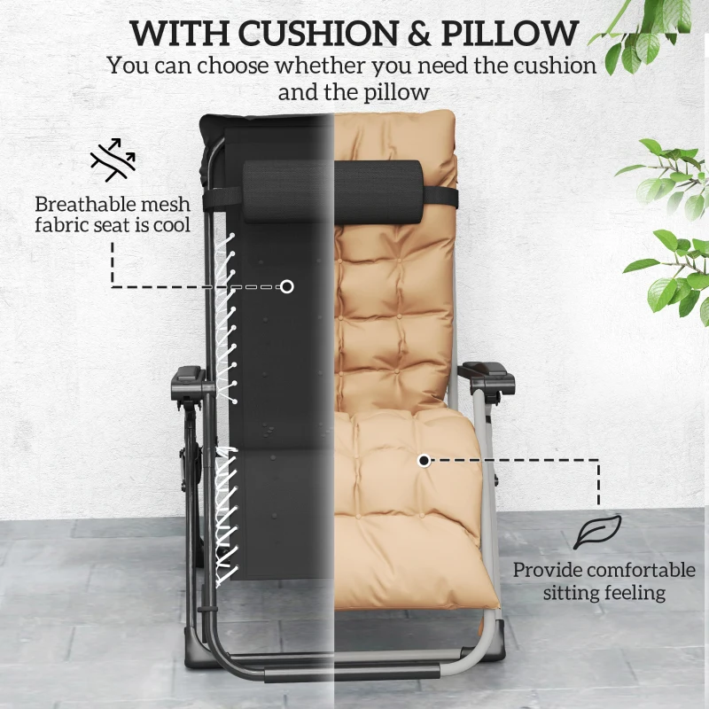 Best 2 Piece Reclining Zero Gravity Sun Loungers with Cushions, Khaki - Image 6