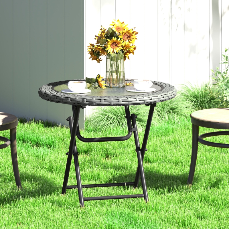 Best Folding Rattan Garden Dining Table, 68 cm Round Rattan Garden Table with Water Ripple Tempered Glass Top, Wicker Edging and Steel Frame for Outdoor, Patio, Grey - Image 10