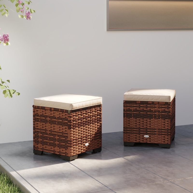 Best Set of 2 Rattan Storage Ottoman, Outdoor Footstool with Removable Cushions, Garden Storage Seat for Balcony, Poolside, Living Room, Beige - Image 9