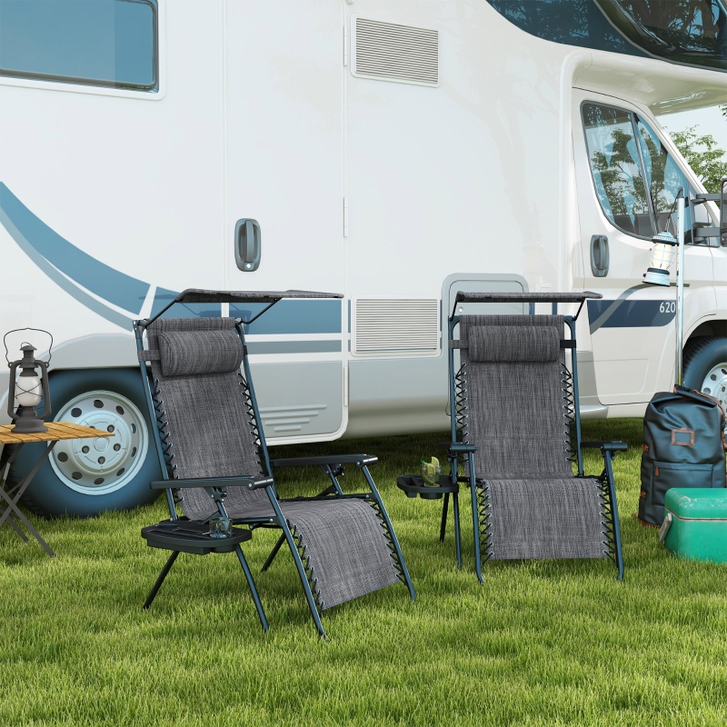 Best 2 Piece Foldable Reclining Garden Chair with Headrest, Zero Gravity Deck Sun Lounger Seat Chair with Footrest, Armrest, Cup Holder & Canopy Shade, Grey - Image 10