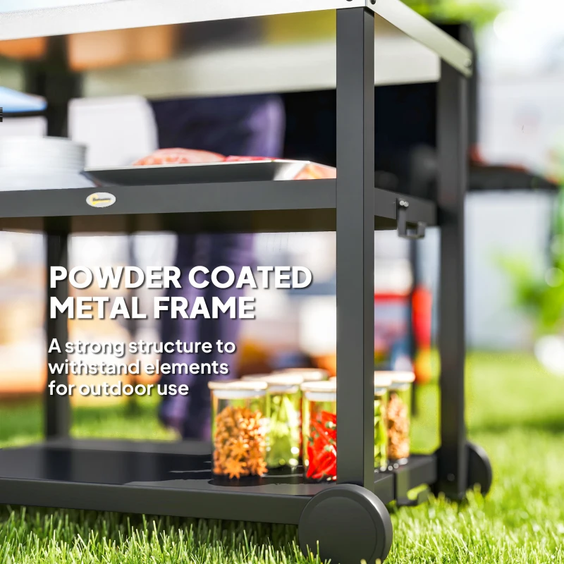 Best Outdoor Grill Dining Cart 3-Shelf Movable Pizza Oven Table Stand with Stainless Steel Top, Portable BBQ Trolley Food Prep Outdoor Kitchen BBQ Station with Hooks Wheels Handle, Charcoal Grey - Image 7