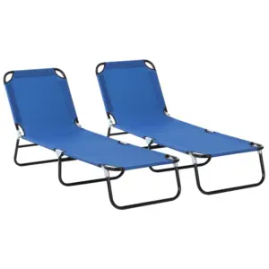 Best 2 Piece Foldable Sun Loungers with 5-Position Adjustable Backrest, Outdoor Portable Recliner Chaise Lounge Chairs with Breathable Mesh Fabric, Blue