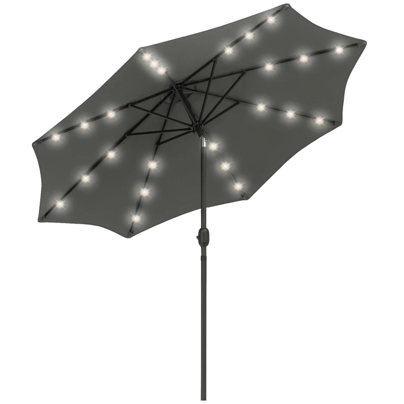 Best 2.7m Patio Garden Umbrella Outdoor Parasol with Tilt Crank and 24 LEDs Lights (Grey)