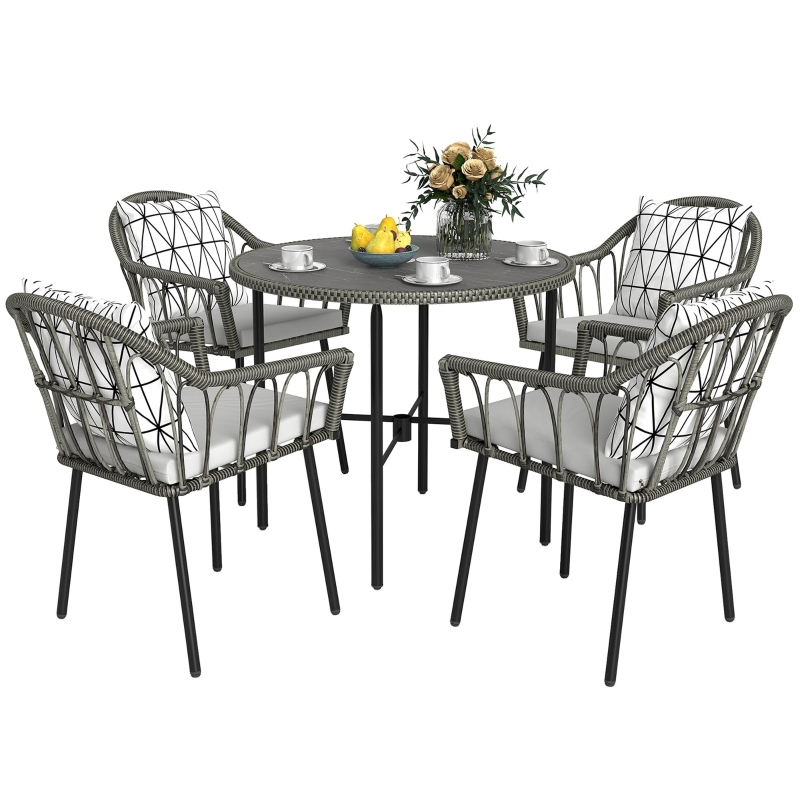 Best 5 Piece Patio Rattan Dining Set, Wicker Garden Table and Chairs w/ Removable Seat & Back Cushions, Round Tempered Glass Tabletop, Parasol Hole, Outdoor Furniture Conservatory Set, Grey - Image 10
