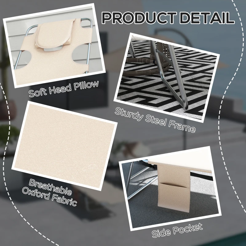 Best Foldable Sun Lounger Set of 2, Beach Chaise Lounges with Reading Hole, Arm Slots, 5-Position Adjustable Backrest, Side Pocket, Pillow for Patio, Garden, Beach, Pool, Beige - Image 7