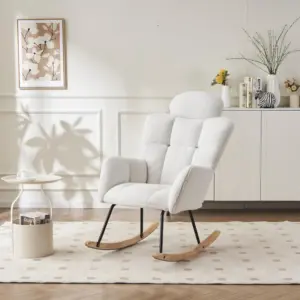 Teddy Fabric Rocking Chair with Tufted Upholstery, Padded Seat, Ergonomic Backrest, Ideal for Bedroom, Hallway, 102L x 70W x 105H cm, White