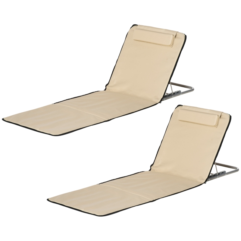 Best Set of 2 Foldable Garden Beach Chair Mat Lightweight Outdoor Sun Lounger Seats Adjustable Back Metal Frame PE Fabric Head Pillow w/ Carry Bag, Beige - Image 12