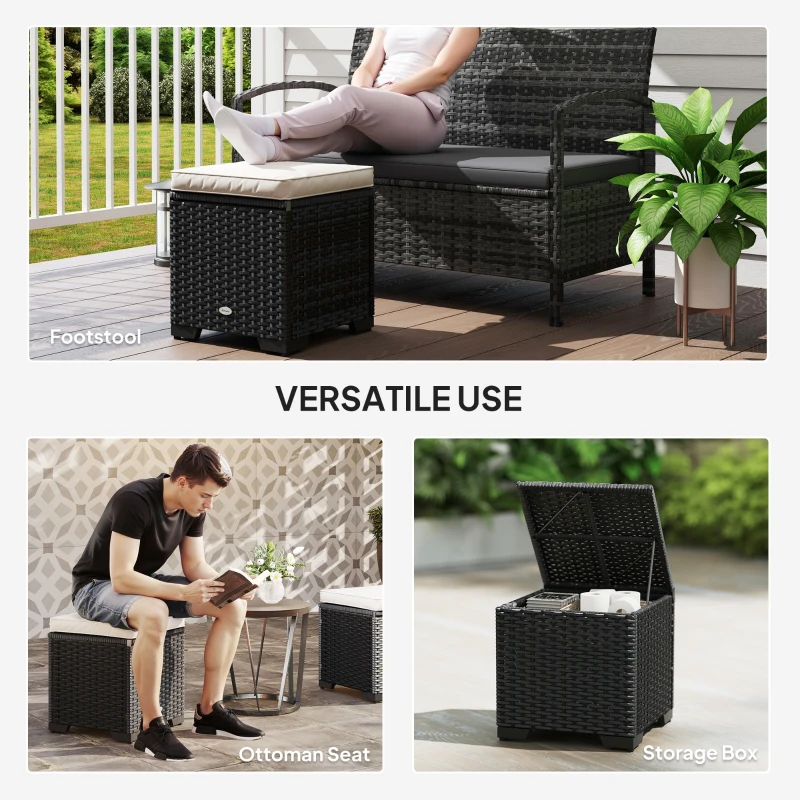 Best Set of 2 Rattan Storage Ottoman, Outdoor Footstool with Removable Cushions, Garden Storage Seat for Balcony, Poolside, Living Room, Cream - Image 7