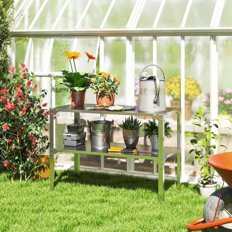 Best 2 Tier Potting Bench Table, Galvanised Steel Garden Planting Work Bench Workstation with Storage Shelf for Outdoor, Patio, Greenhouse, 110 x 50 x 75 cm, Silver Tone - Image 2