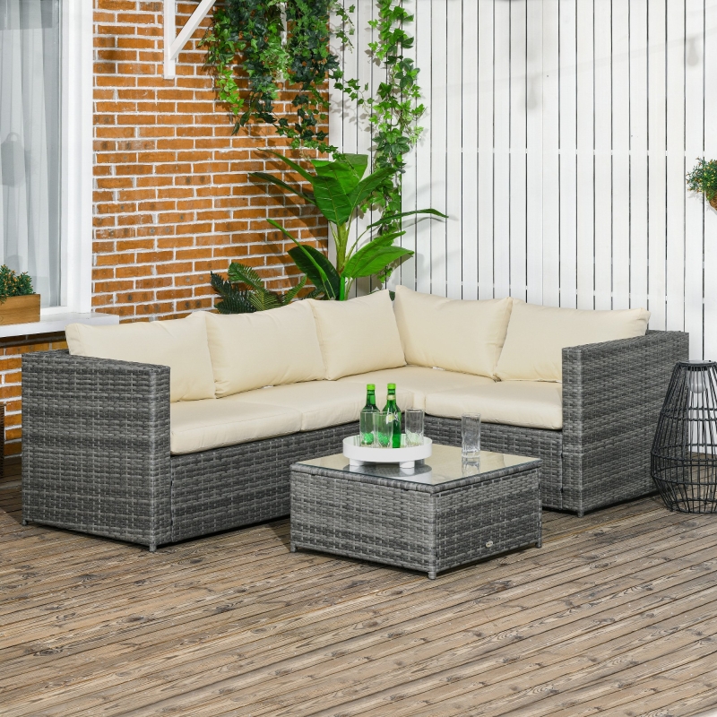 Best 3 Pieces PE Rattan Garden Furniture Set with 10 cm Thick Cushions, 4 Seater Garden Corner Sofa Set with Glass Top Coffee Table, Outdoor Furniture for Patio, Porch, Beige - Image 10