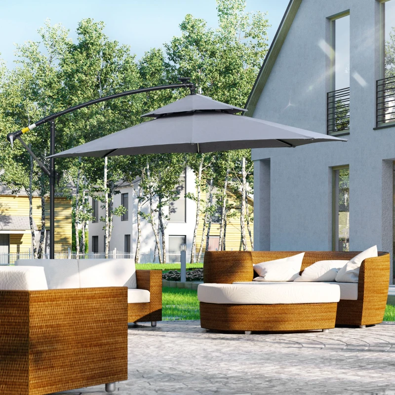 Best 3(m) Cantilever Banana Parasol Hanging Umbrella with Double Roof, LED Solar lights, Crank, 8 Sturdy Ribs and Cross Base for Outdoor, Garden, Patio, Grey - Image 2
