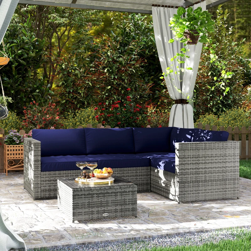 Best 3 Pieces PE Rattan Garden Furniture Set with 10 cm Thick Cushions, 4 Seater Garden Corner Sofa Set with Glass Top Coffee Table, Outdoor Furniture for Patio, Porch, Blue - Image 2
