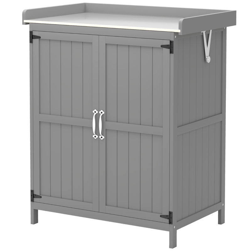 Best Wooden Garden Shed, Garden Tool Storage Shed with Hinged Roof and Shelf, Outdoor Storage Cabinet with Double Doors, Grey - Image 11
