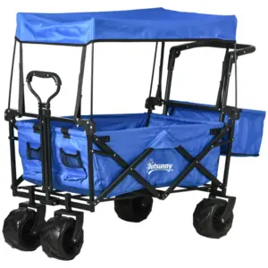Best Folding Trolley Cart Storage Wagon Beach Trailer 4 Wheels with Handle Overhead Canopy Cart Push Pull for Camping, Blue